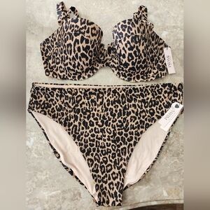 38D/XXL VS Swim Underwire Balconette Bikini Top High Waist Bikini Set Leopard